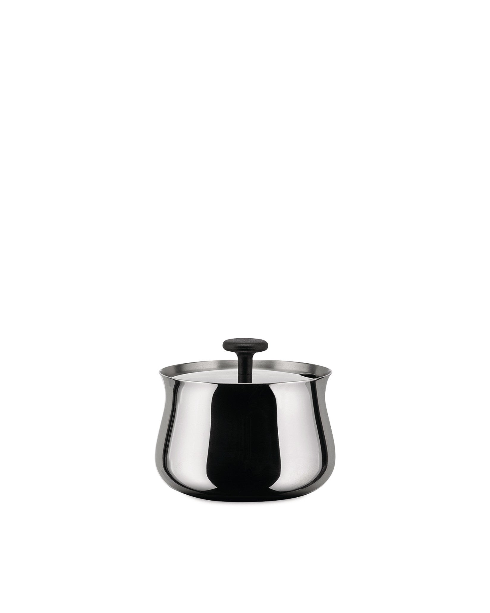 Polished stainless steel sugar bowl by Alessi with a black knob handle on the lid.