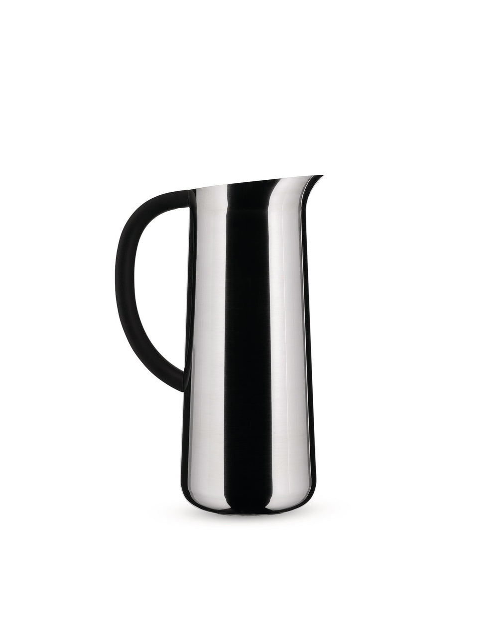 Silver stainless steel pitcher with a black handle by Alessi, featuring a tall, sleek design and pouring spout.