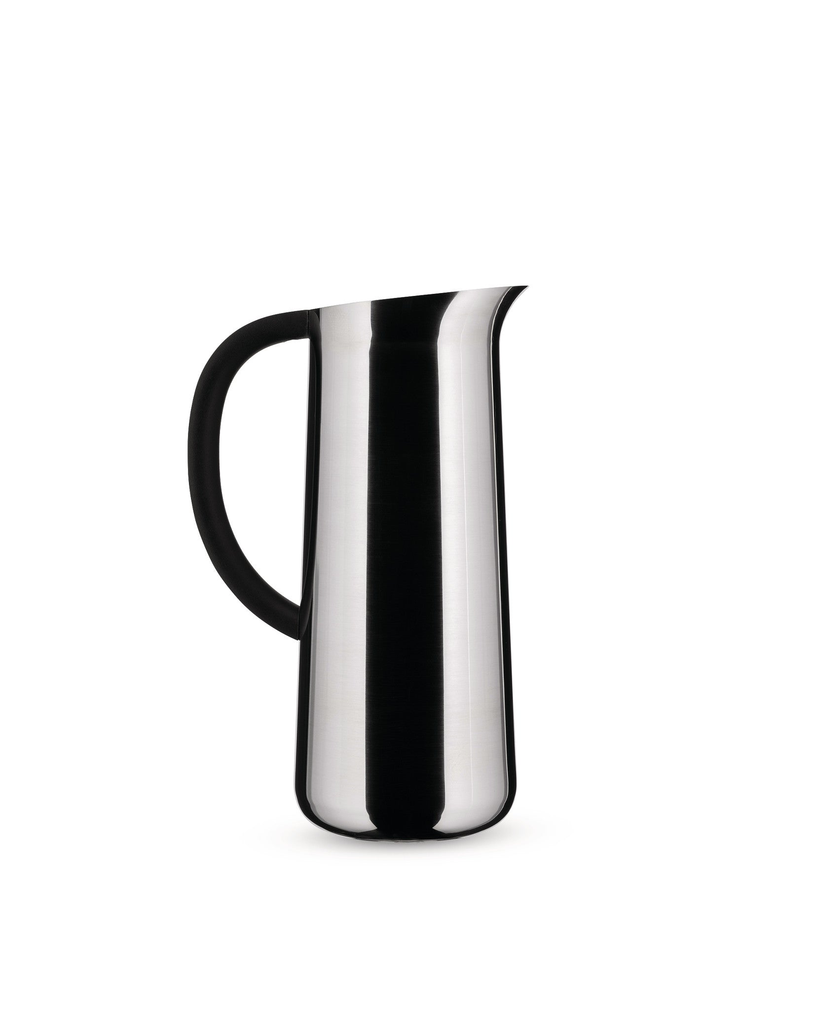 Silver stainless steel pitcher with a black handle by Alessi, featuring a tall, sleek design and pouring spout.