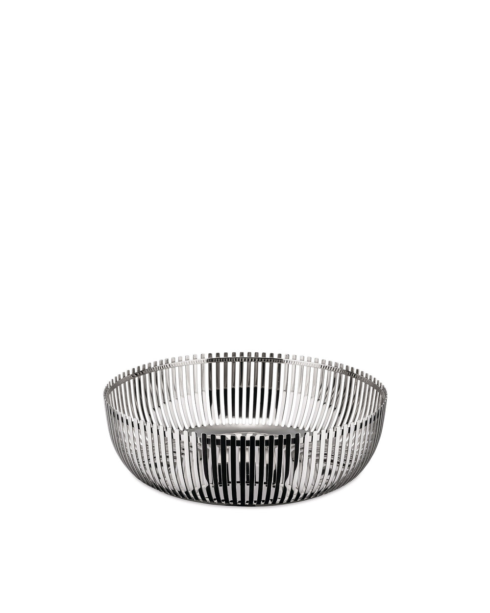 Silver metallic fruit bowl by Alessi with a distinctive vertical slatted design.