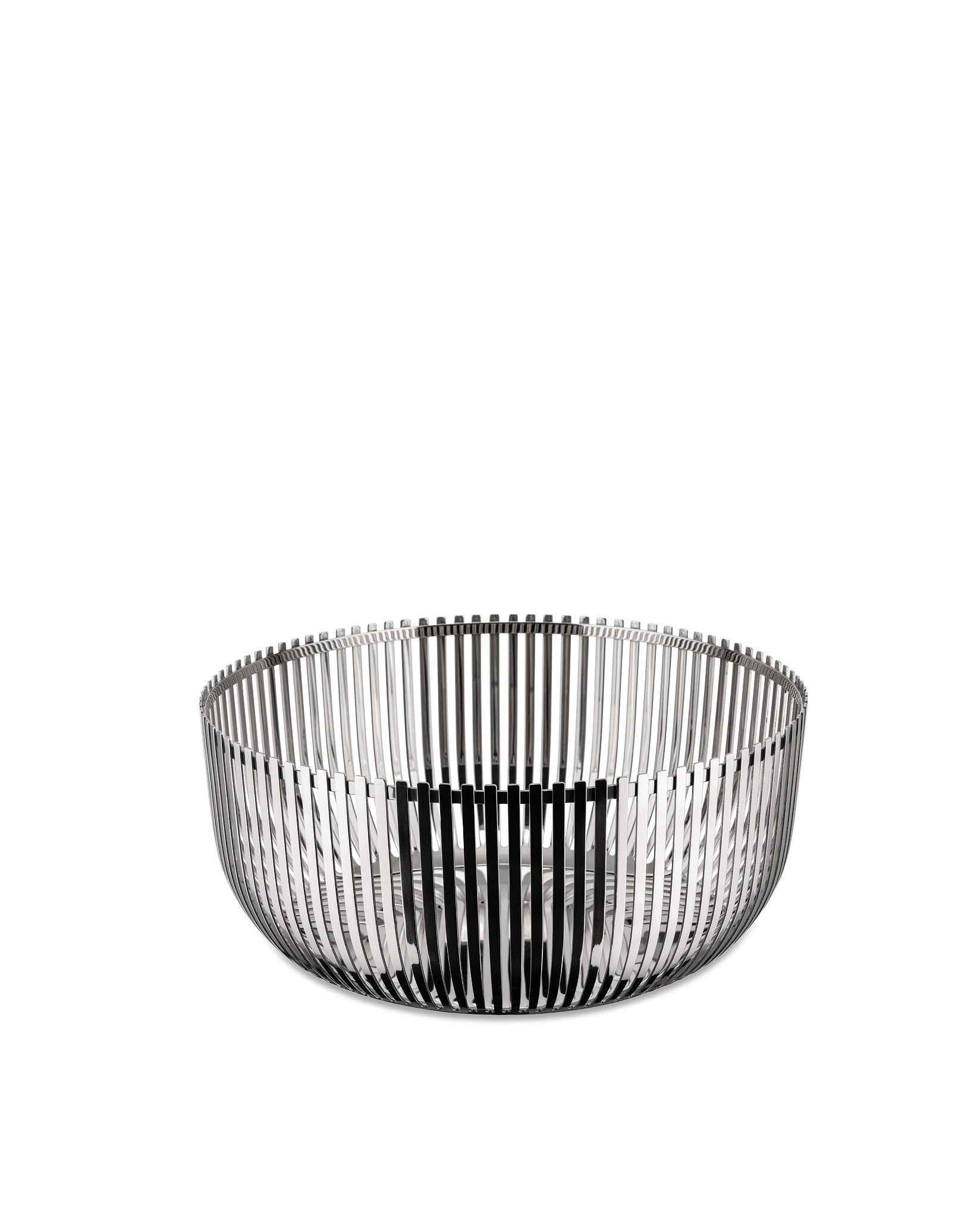 Polished silver metal bowl by Alessi with a vertical slatted design, on a white background.