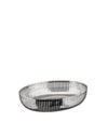 A metallic, slatted oval basket by Alessi with a reflective finish and a modern design.