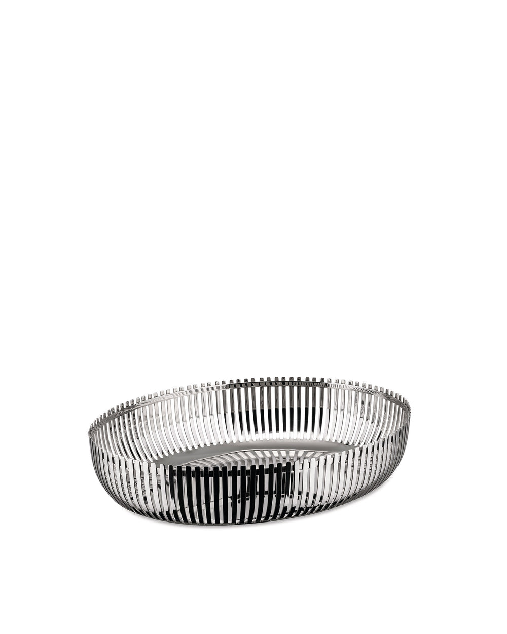 A metallic, slatted oval basket by Alessi with a reflective finish and a modern design.