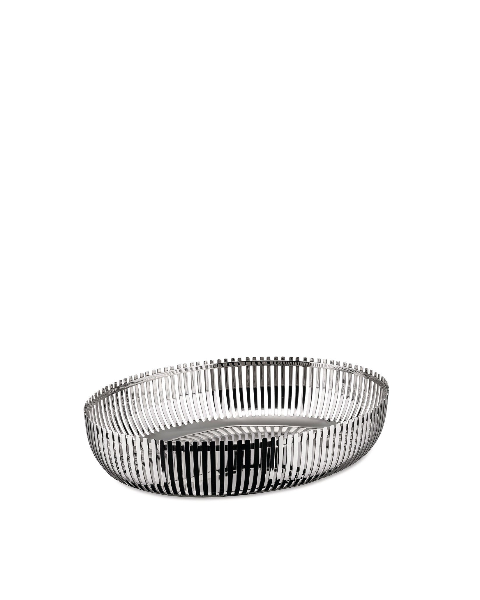 A metallic, slatted oval basket by Alessi with a reflective finish and a modern design.