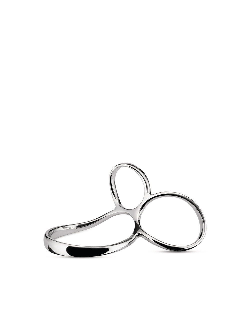Polished metal serving piece by Alessi with an abstract handle and two open, fluid loops.
