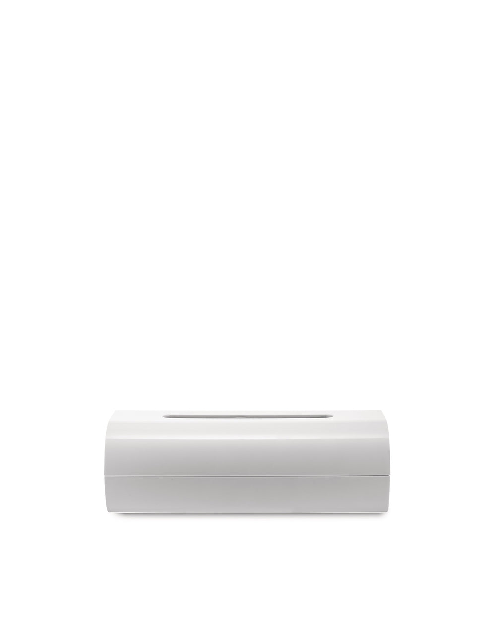 White matte tissue box cover by Alessi, rectangular with rounded edges and a thin slot, front view.