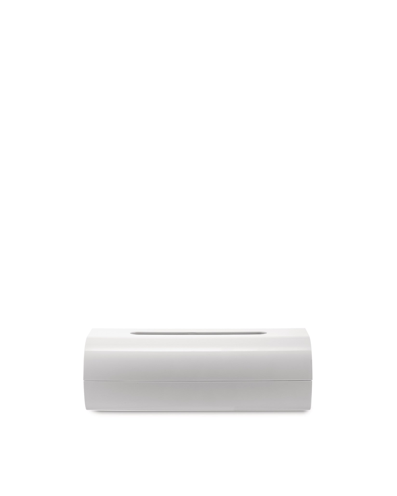 White matte tissue box cover by Alessi, rectangular with rounded edges and a thin slot, front view.
