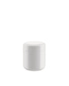 White round container by Alessi with a sleek, glossy finish and visible lid seam on a white background.