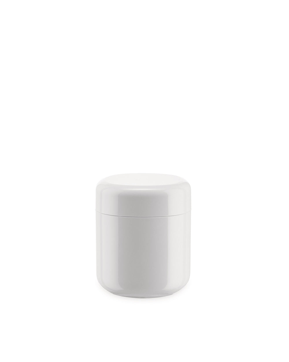White round container by Alessi with a sleek, glossy finish and visible lid seam on a white background.