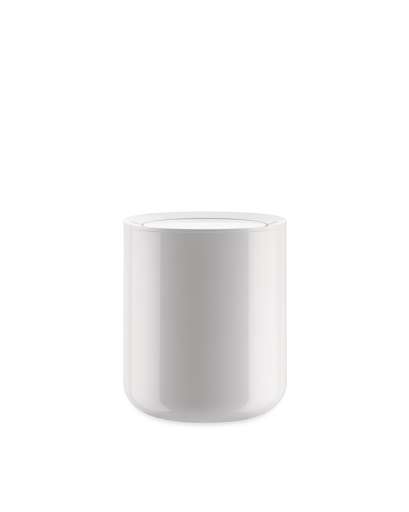 White glossy cylindrical container by Alessi with a removable lid and rounded base, front view.