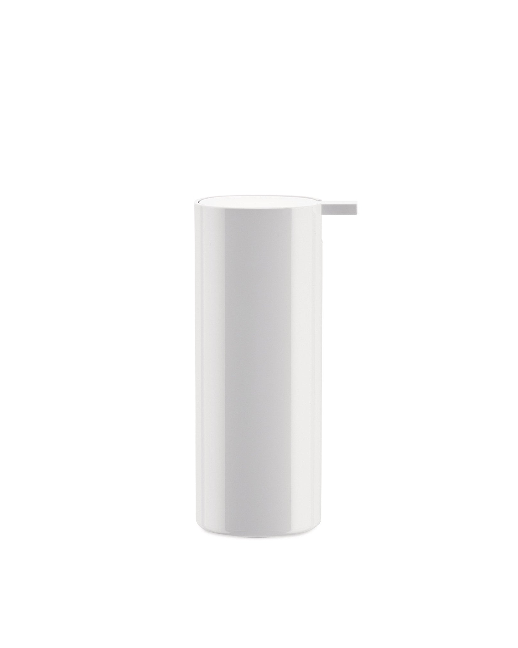 White cylindrical soap dispenser by Alessi with a glossy finish and a flat pump top, front view.