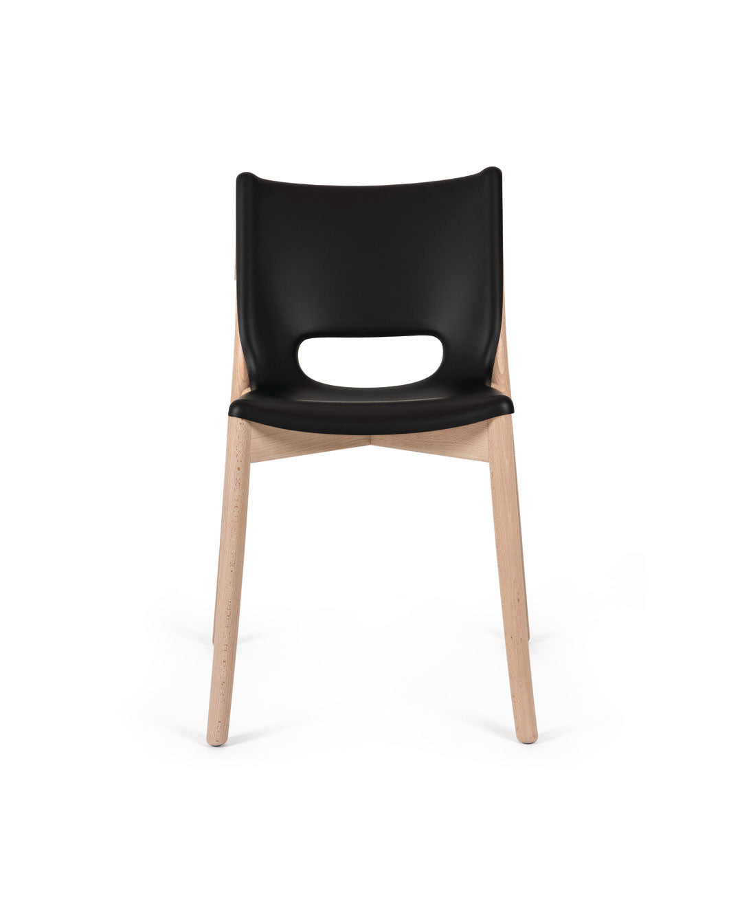 Black chair with light wood frame by Alessi, featuring a cutout backrest and sleek design.