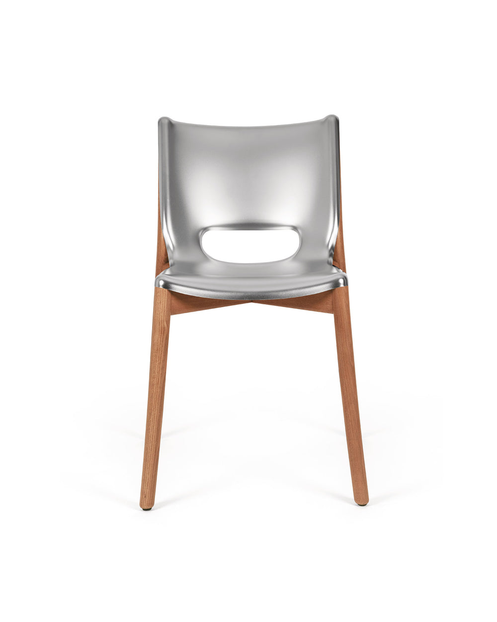 Silver metal and wood chair by Alessi with an oval cut-out back, front view.