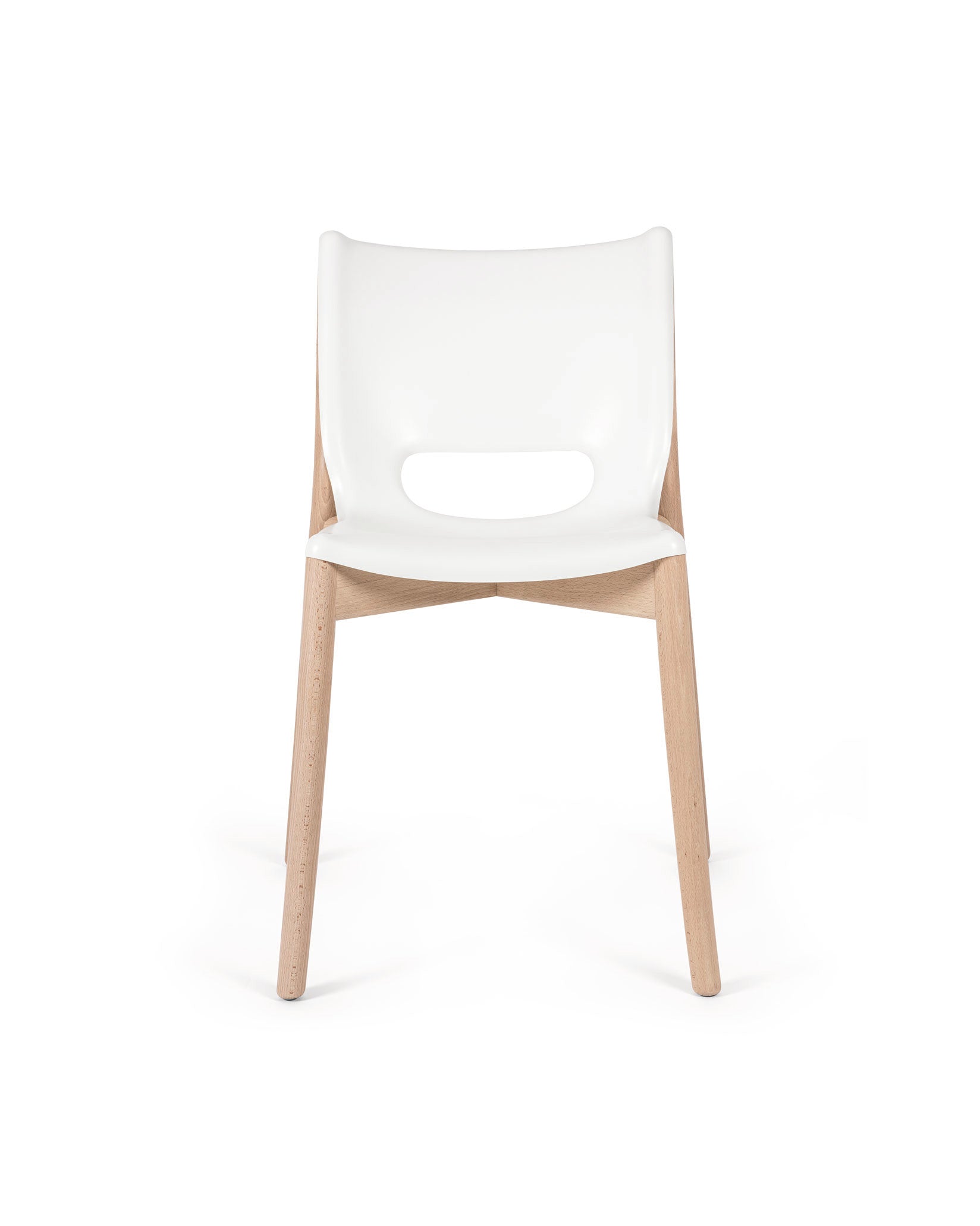 White and natural wood chair by Alessi, front view, with a distinctive oval cutout on the backrest.