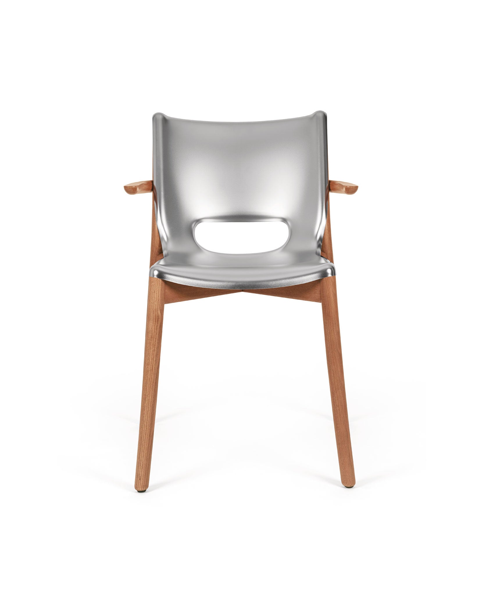 Silver and wood chair by Alessi with a cut-out handle on the backrest, front view.