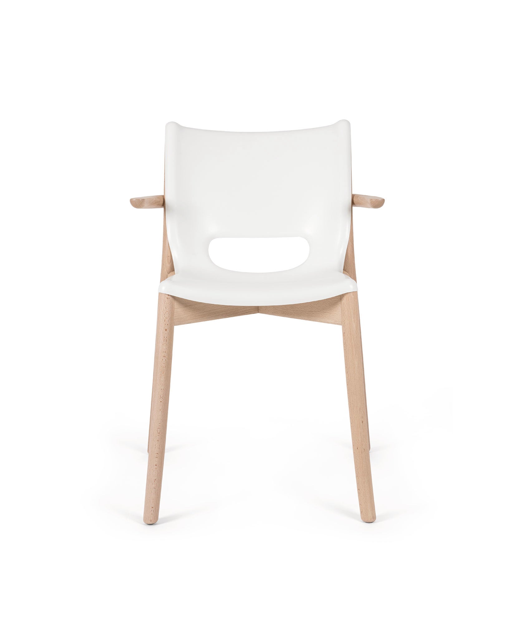White and light wood chair by Alessi, with an oval cut-out in the backrest and wooden armrests.