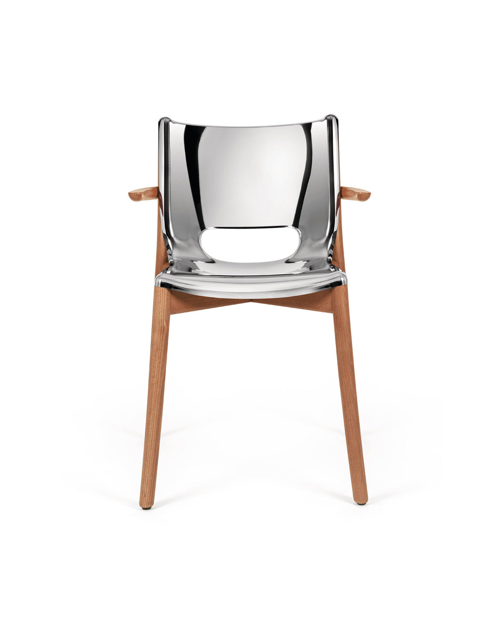 Silver chrome chair with wooden arms and legs by Alessi, featuring a sleek, reflective finish and a cutout detail.