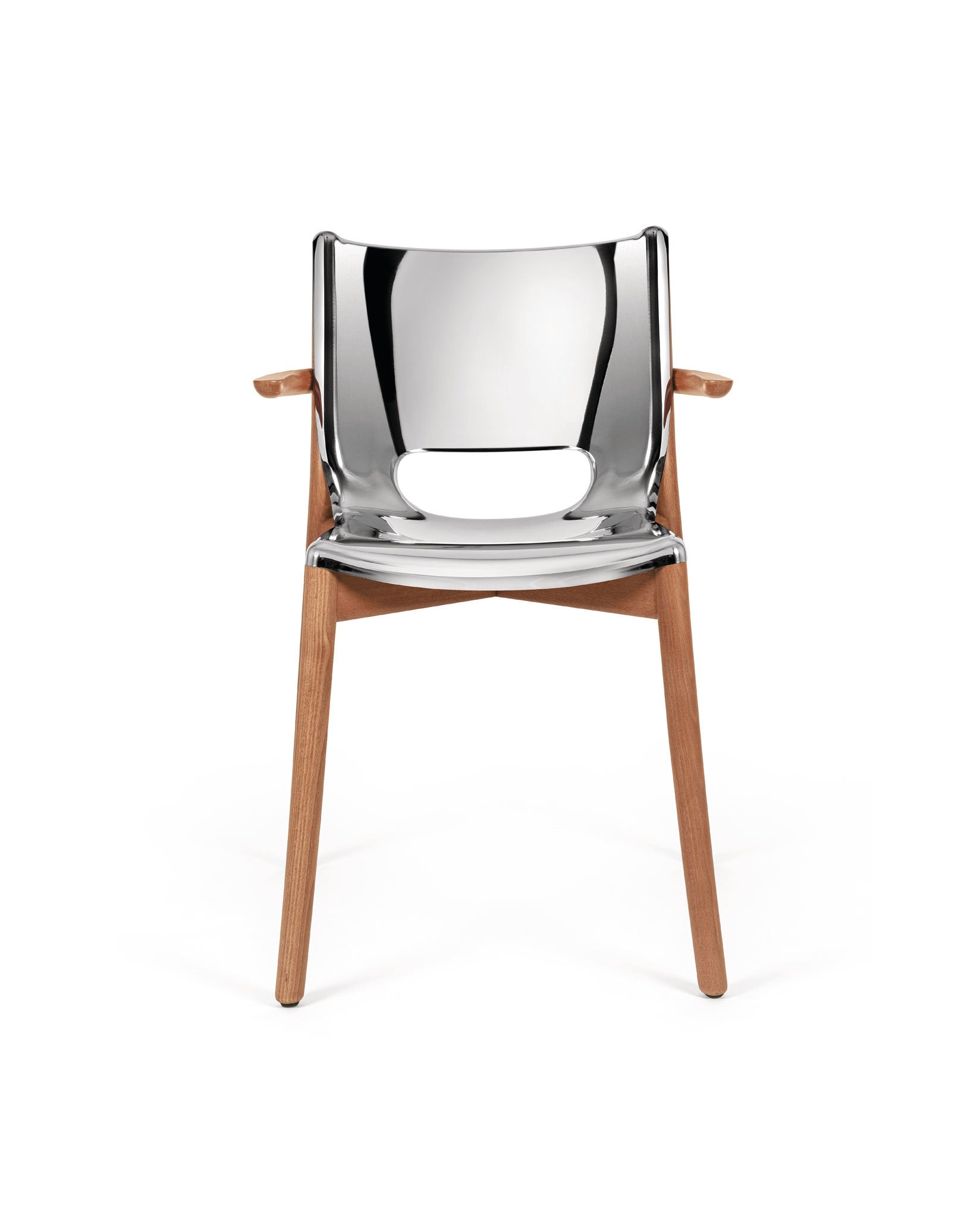 Silver chrome chair with wooden arms and legs by Alessi, featuring a sleek, reflective finish and a cutout detail.