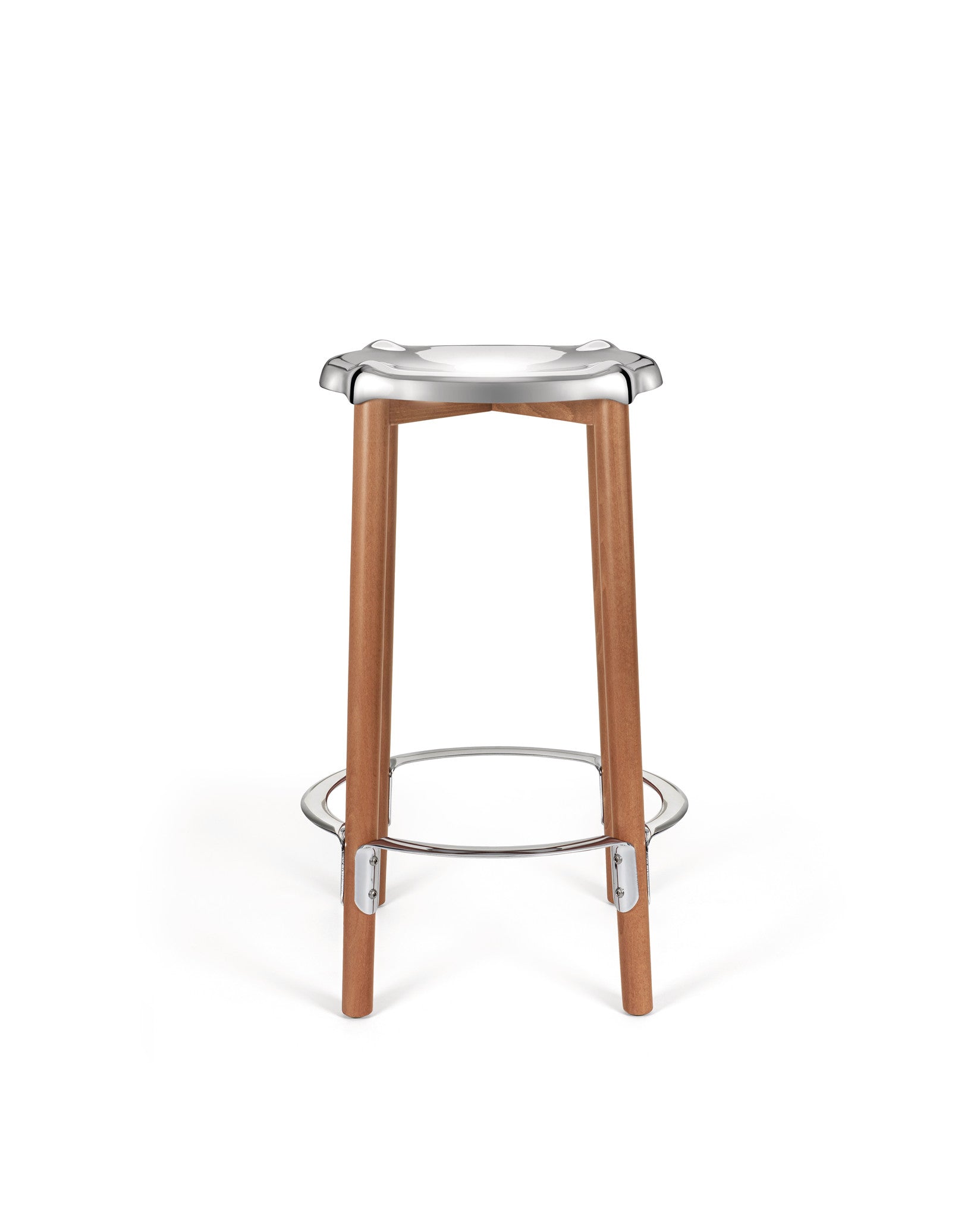 A modern bar stool by Alessi with a polished silver seat and light wood legs, featuring a metal footrest.