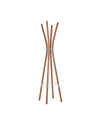 A brown wooden coat stand from the Poêle Collection by Alessi, with five curved legs and chrome rings.