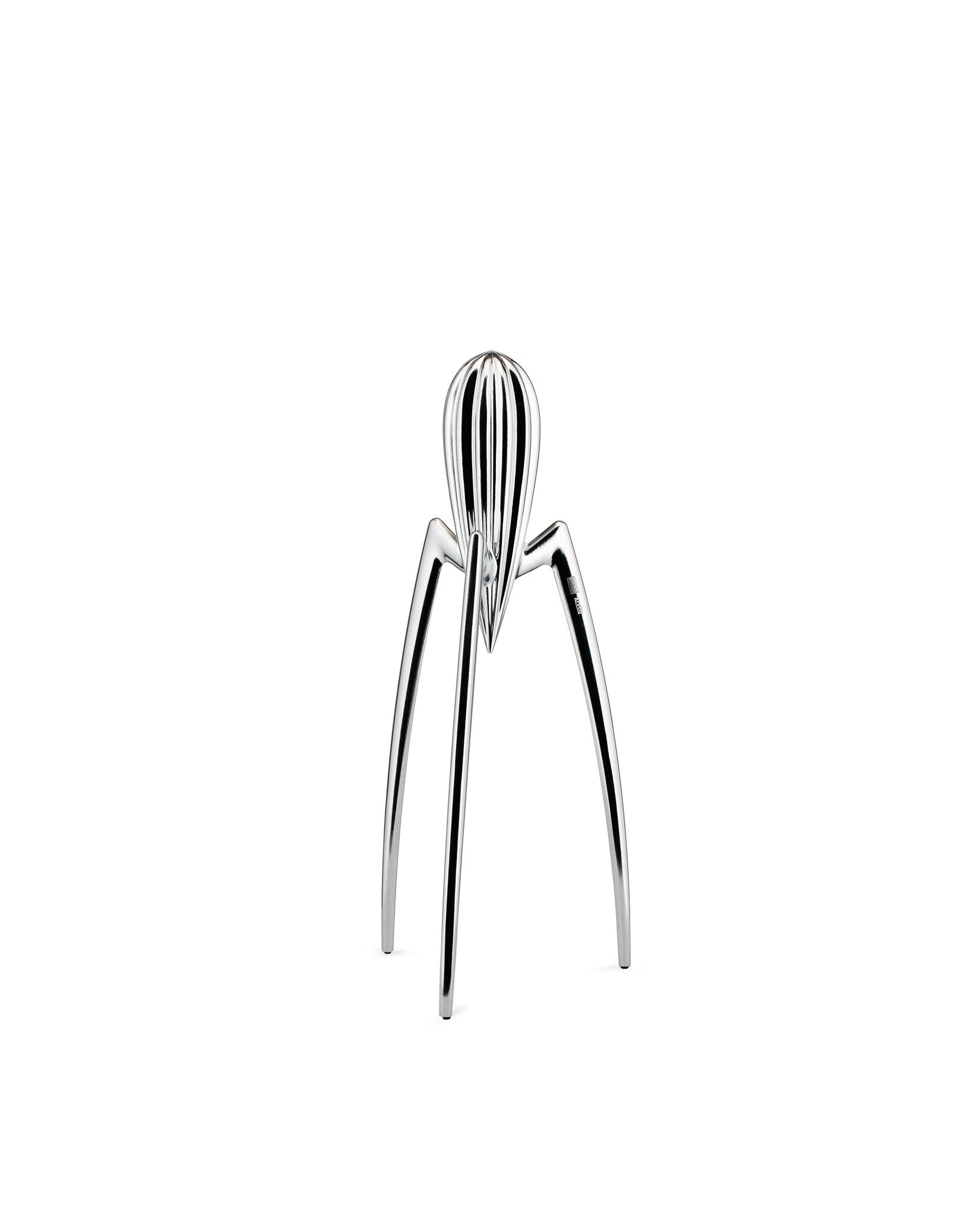 Silver metallic citrus squeezer by Alessi with a conical reamer and three spider-like legs.
