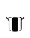 Stainless steel pot by Alessi with dark brown leather handles, isolated on a white background.