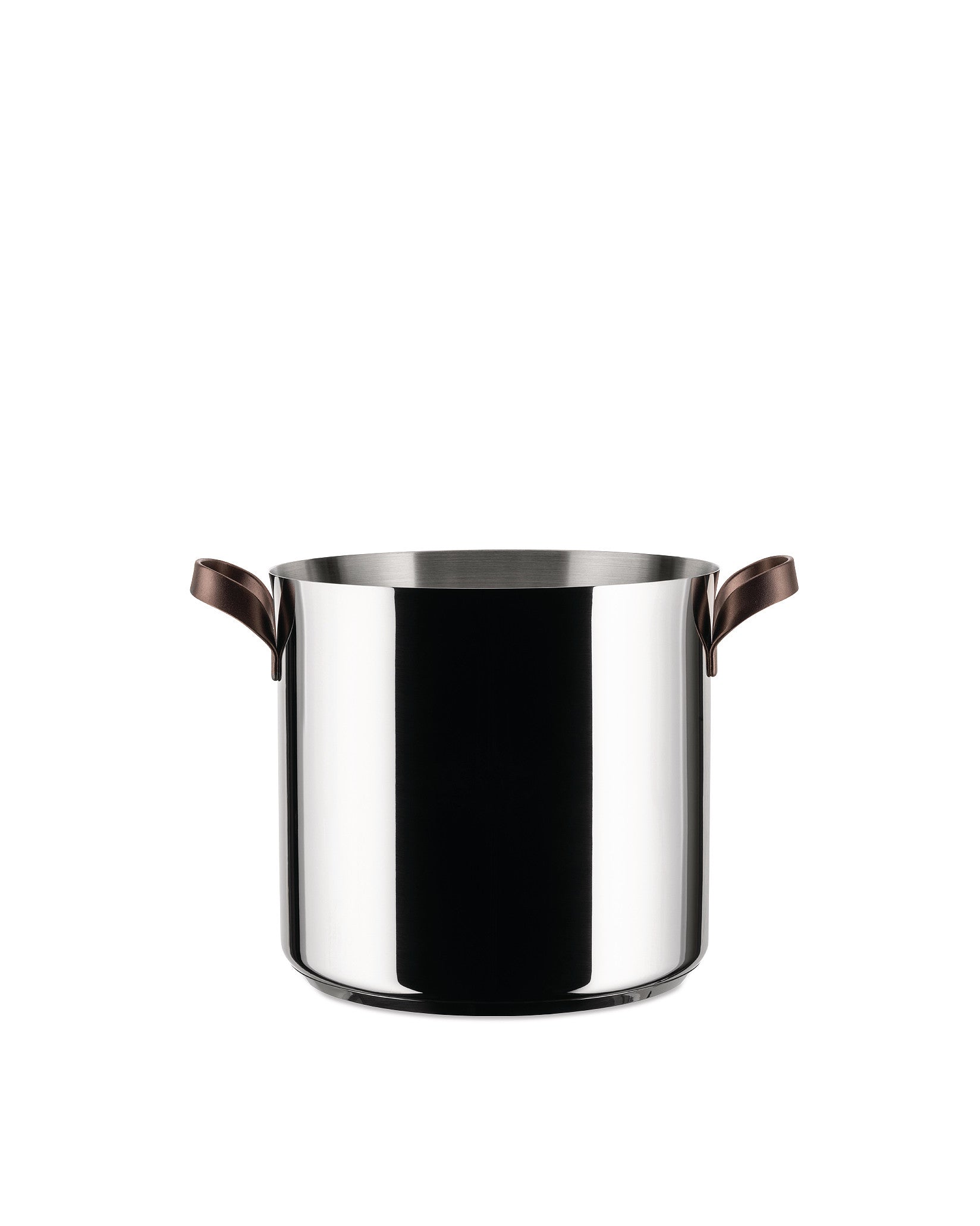 Stainless steel pot by Alessi with dark brown leather handles, isolated on a white background.