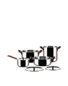 Polished stainless steel Edo pots with brown handles by Alessi, a set of various sizes with lids.