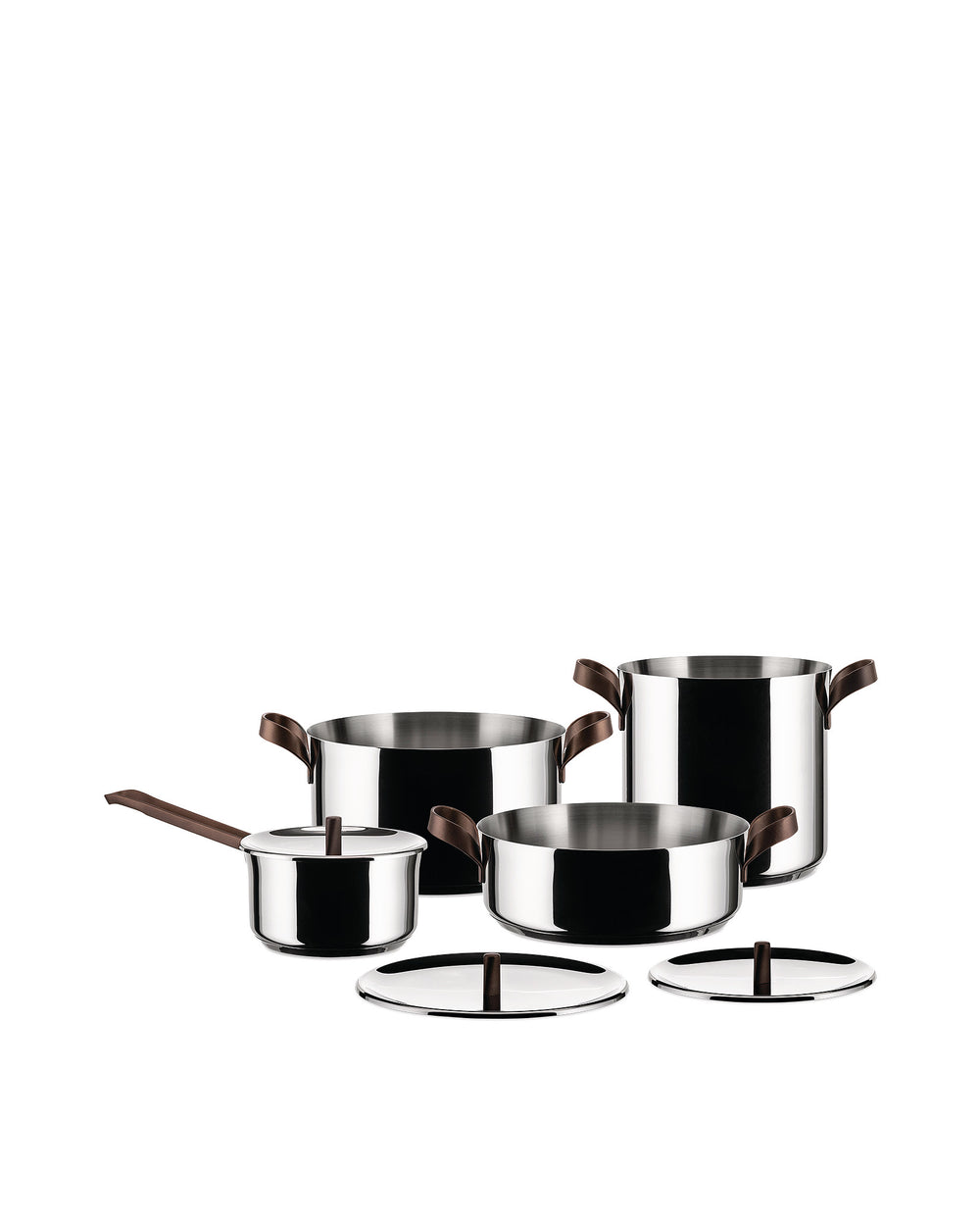 Polished stainless steel Edo pots with brown handles by Alessi, a set of various sizes with lids.