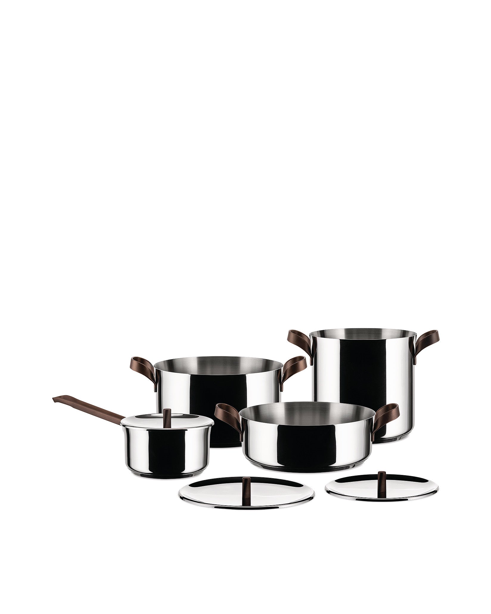 Polished stainless steel Edo pots with brown handles by Alessi, a set of various sizes with lids.