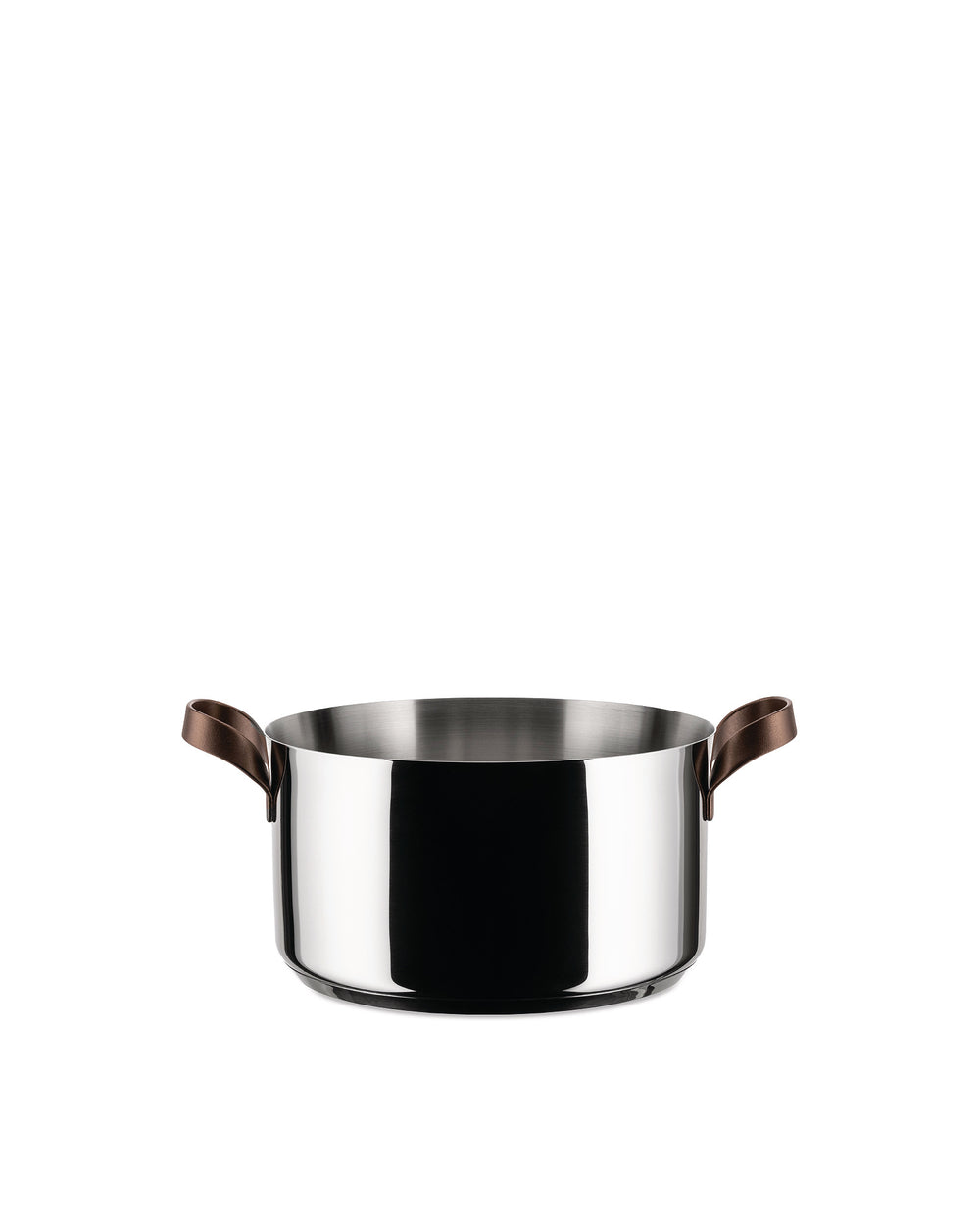 Stainless steel cooking pot with brown handles by Alessi, front view with a polished finish.