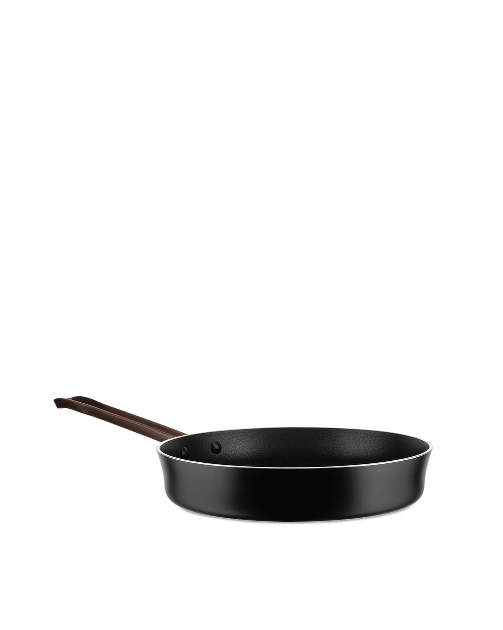 Black frying pan by Alessi with a brown handle, presented in a side view on a white background.