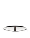 Round polished metal Edo serving tray by Alessi with a dark brown central handle and black inner rim.
