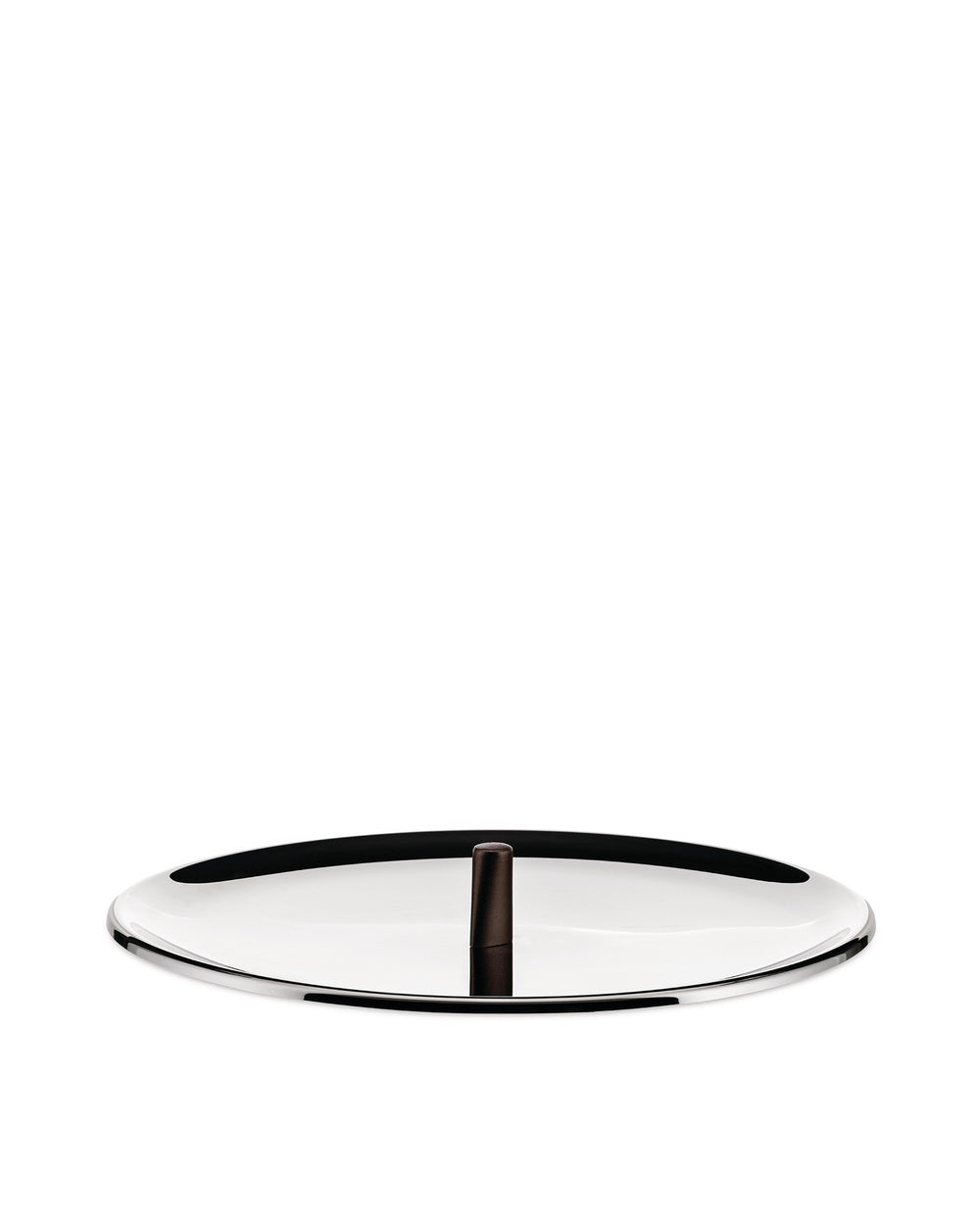 Round polished metal Edo serving tray by Alessi with a dark brown central handle and black inner rim.