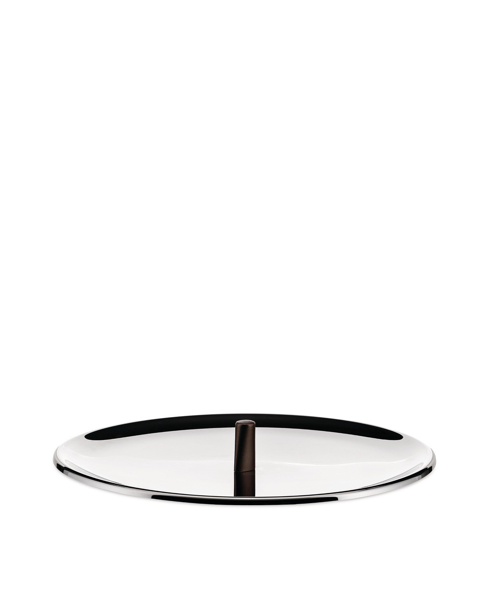 Round polished metal Edo serving tray by Alessi with a dark brown central handle and black inner rim.