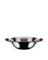 Polished stainless steel sauté pan by Alessi with two brown leather strap handles.