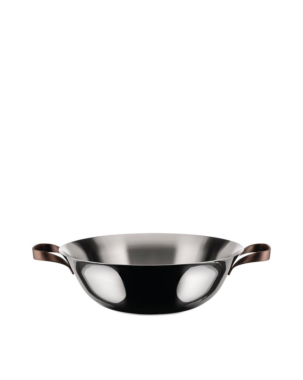 Polished stainless steel sauté pan by Alessi with two brown leather strap handles.