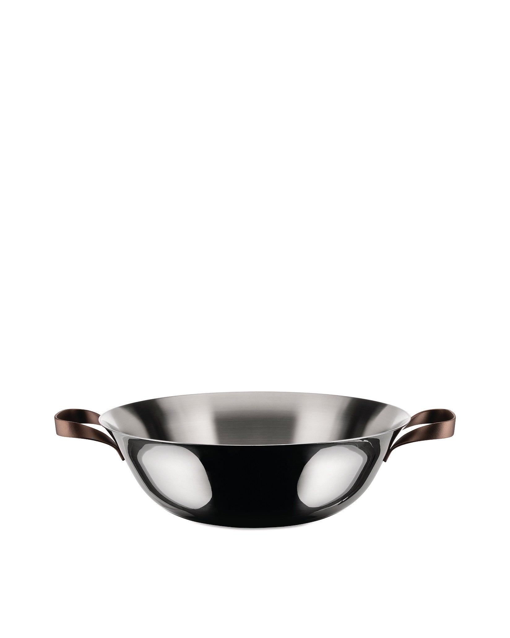 Polished stainless steel sauté pan by Alessi with two brown leather strap handles.
