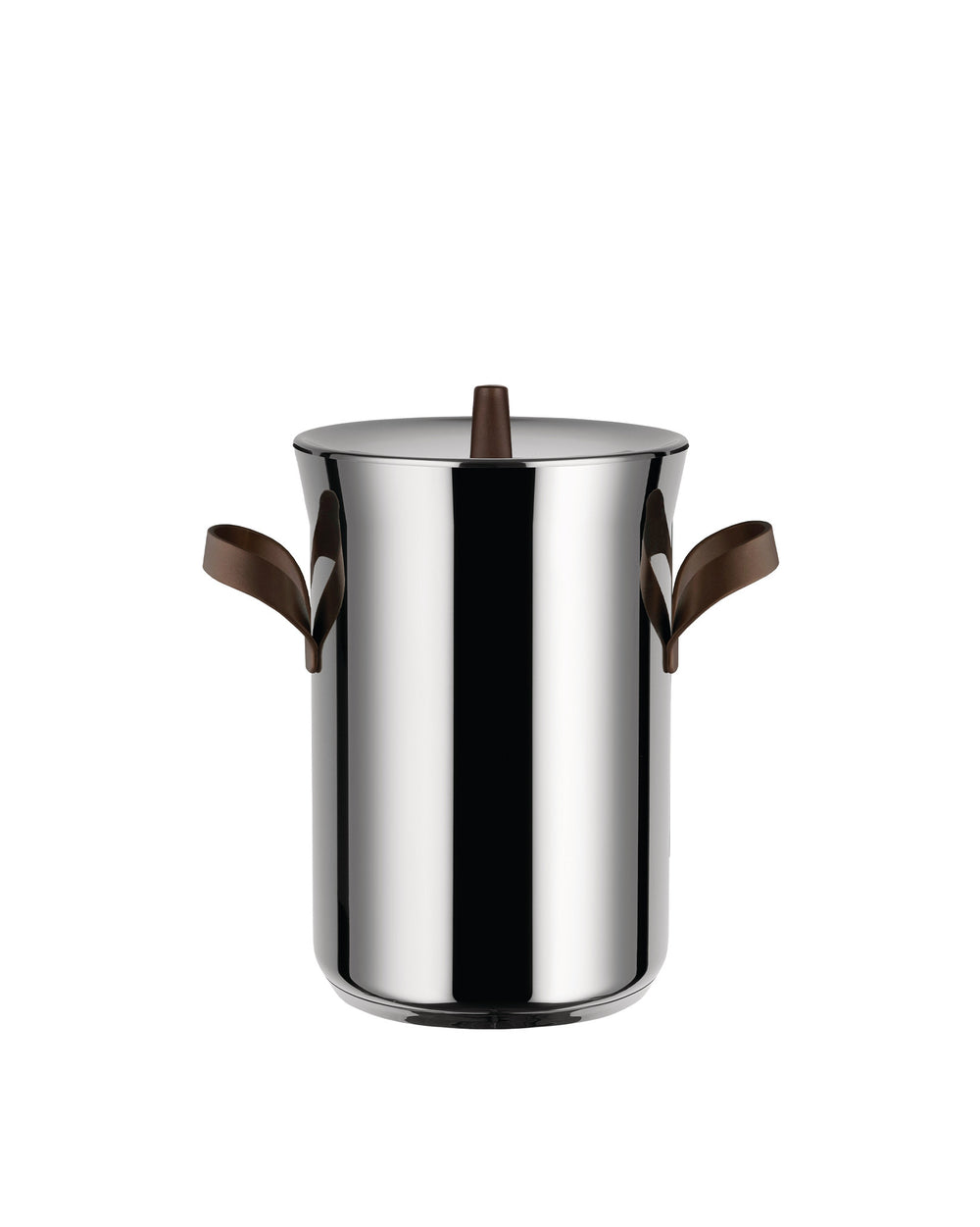 Stainless steel pot by Alessi with brown leaf-shaped handles and a coordinating brown knob, isolated on white.