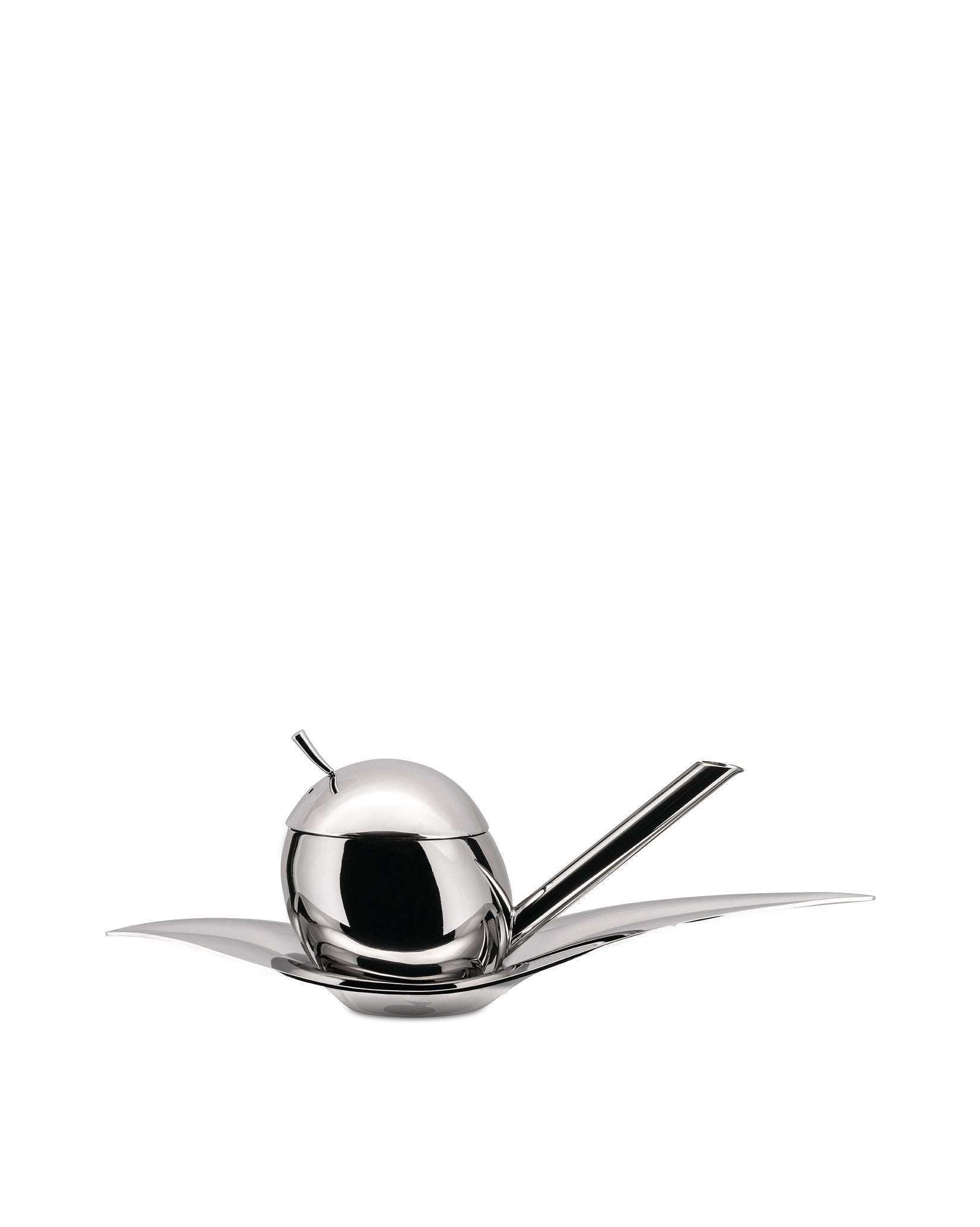 Silver metallic oil cruet by Alessi with a spherical body, long spout, small spoon, and leaf-shaped tray.