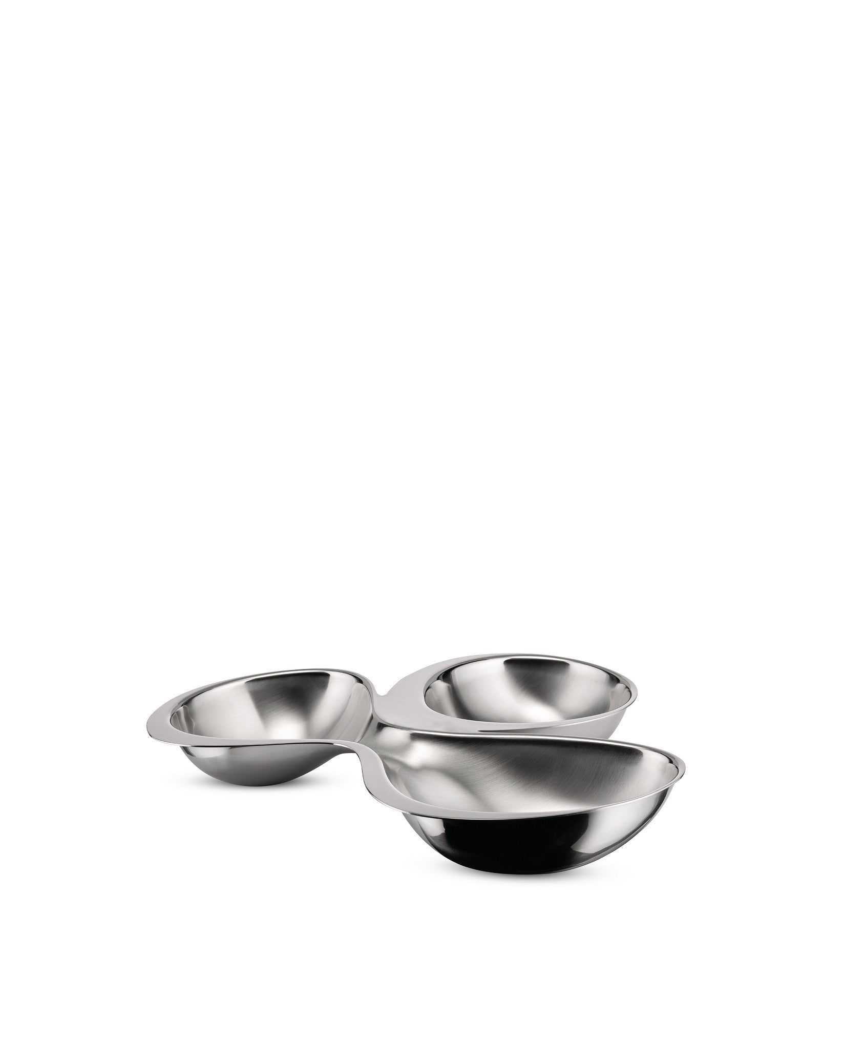 Stainless steel triple serving dish by Alessi, featuring three connected oval bowls with a polished, reflective finish.