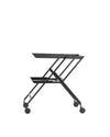 Black Plico two-tiered serving cart by Alessi, with an X-shaped frame and wheels featuring red accents.