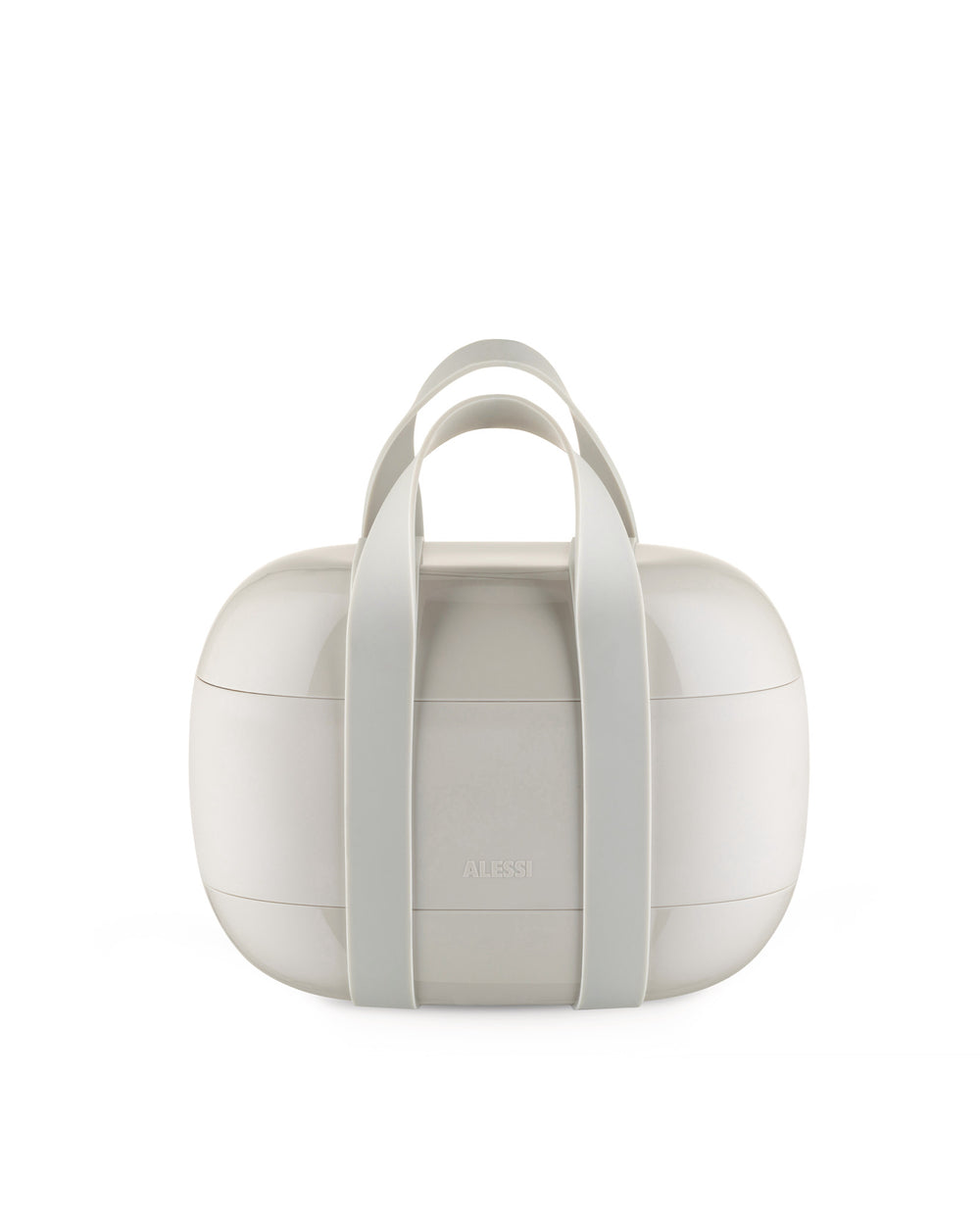 Multi-tiered light beige plastic lunchbox by Alessi, with an oval shape, two integrated handles, glossy top, and matte middle band with an embossed logo.