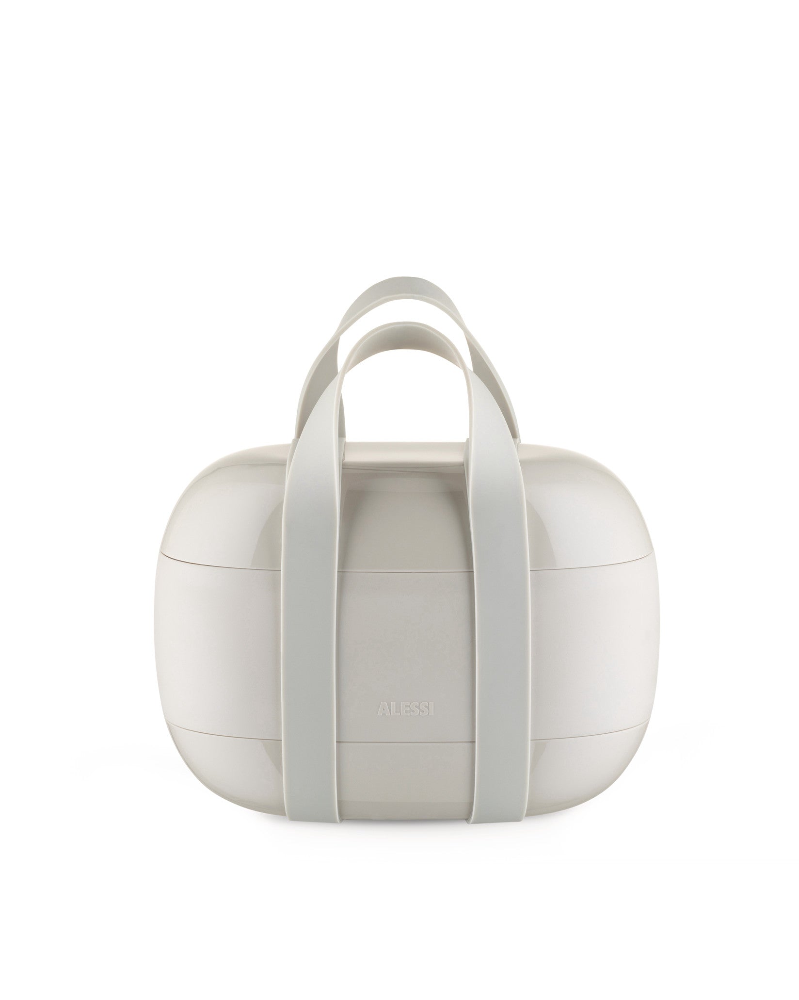 Multi-tiered light beige plastic lunchbox by Alessi, with an oval shape, two integrated handles, glossy top, and matte middle band with an embossed logo.