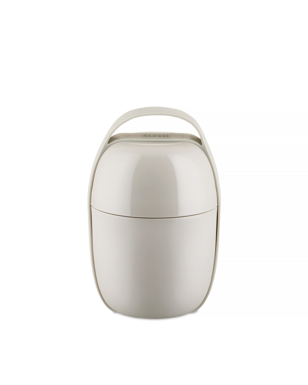 A sleek light gray food container by Alessi, featuring a stacked design, top handle, and subtle brand logo.
