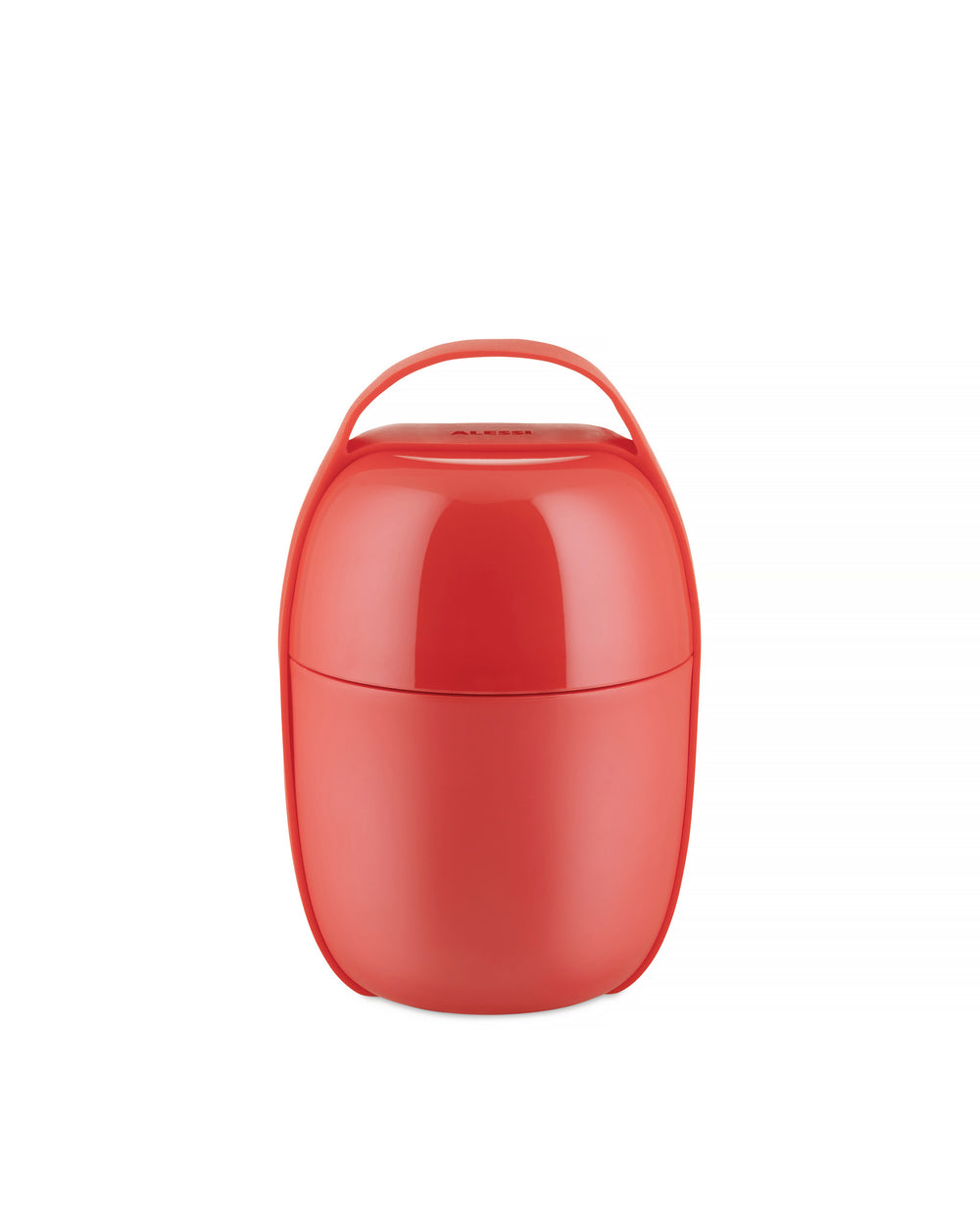 Red food container by Alessi with a handle and a glossy, oval shape, front view.