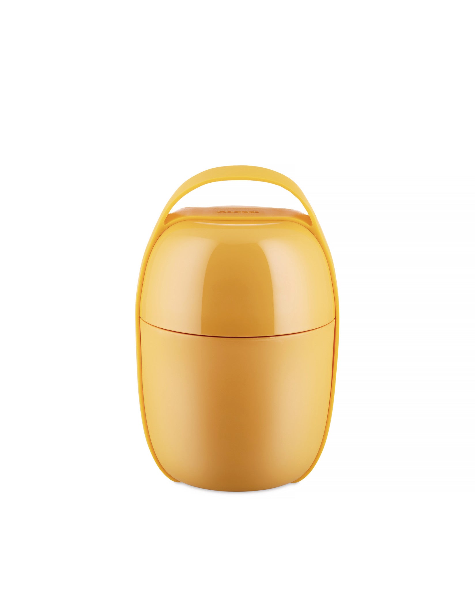 Yellow portable food container with handle by Alessi, featuring a smooth, glossy finish and subtle brand embossing.