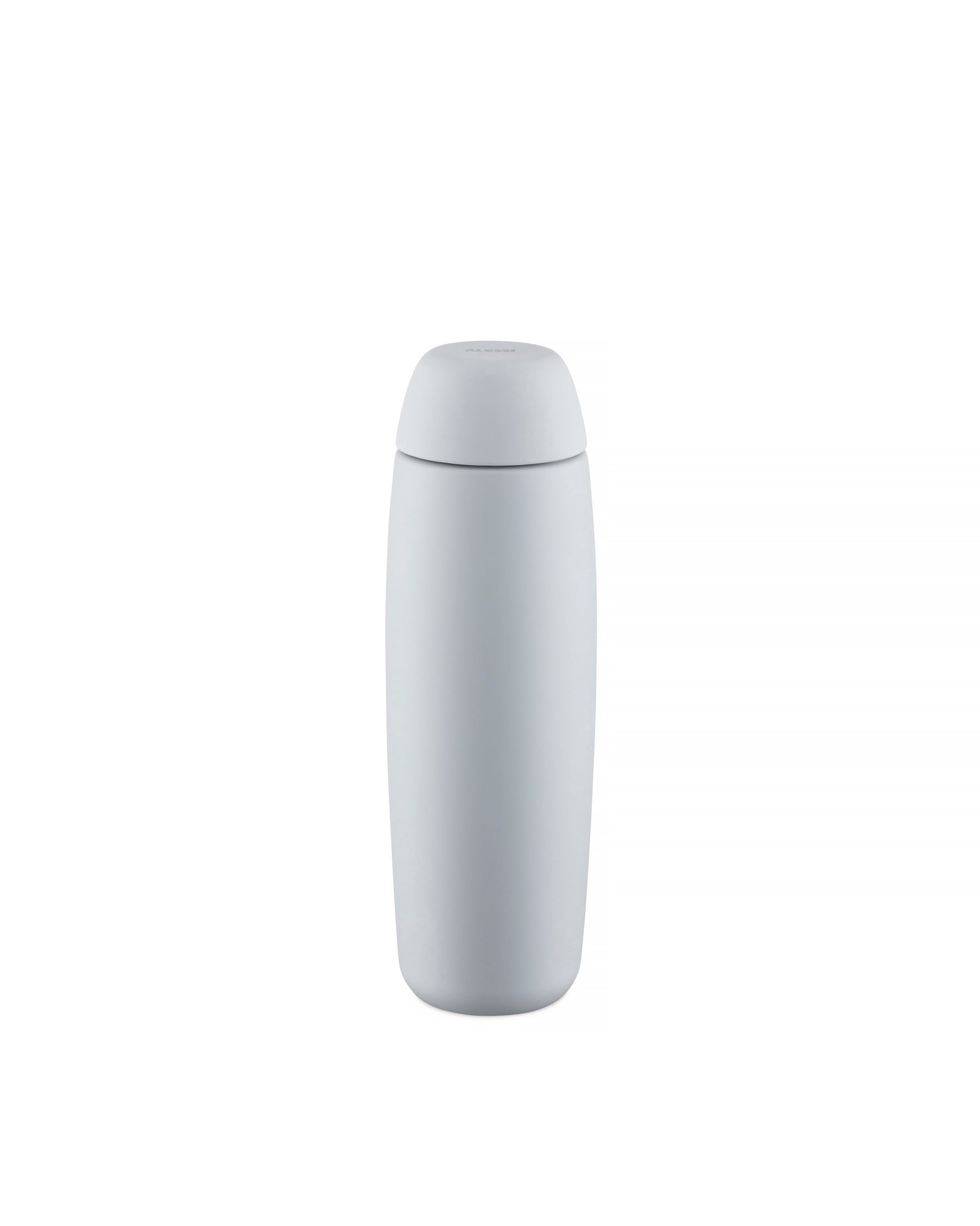 Light grey food container by Alessi, with a matte finish and a slightly domed cap.