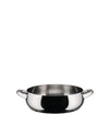 Low, polished stainless steel casserole pot by Alessi with two short handles.