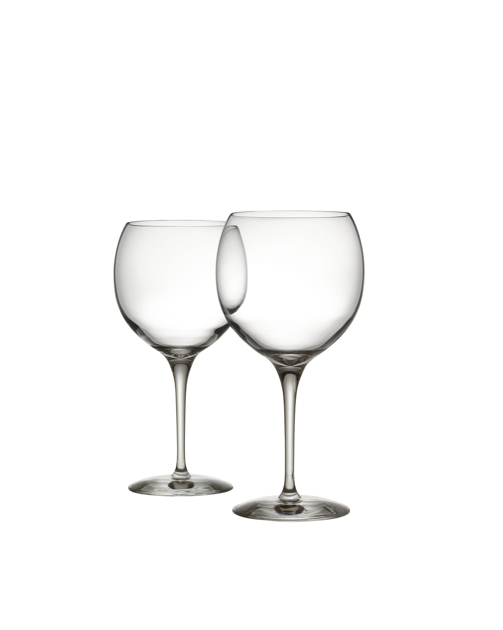 Two clear glass Mami XL wine glasses by Alessi with large bowls and long stems, standing side-by-side.